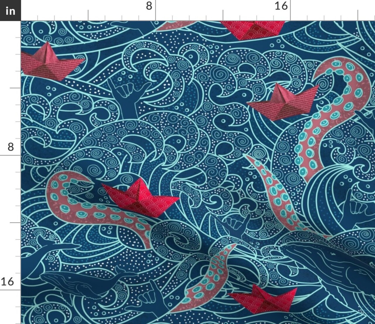 Kraken Octopus Origami Boats Ocean Wave Humpback Whale Nautical Paper Custom Printed Fabric by Spoonflower Various Fabrics by the Yard or Fat Quarter